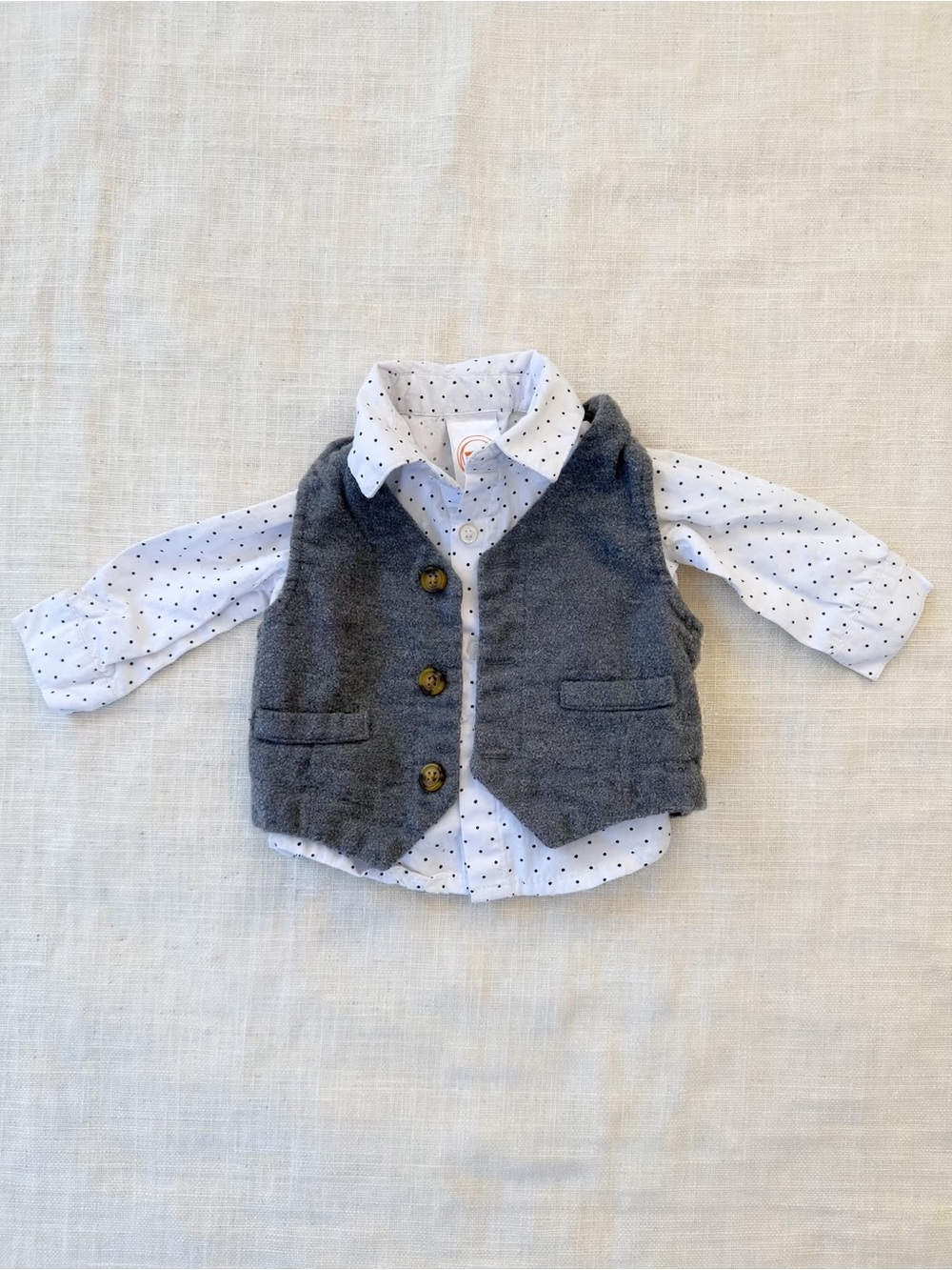 Wonder Nation 0-3M Baby Boy 2-Pc Formal Set | Polka Dot Shirt + Grey Vest Weddin